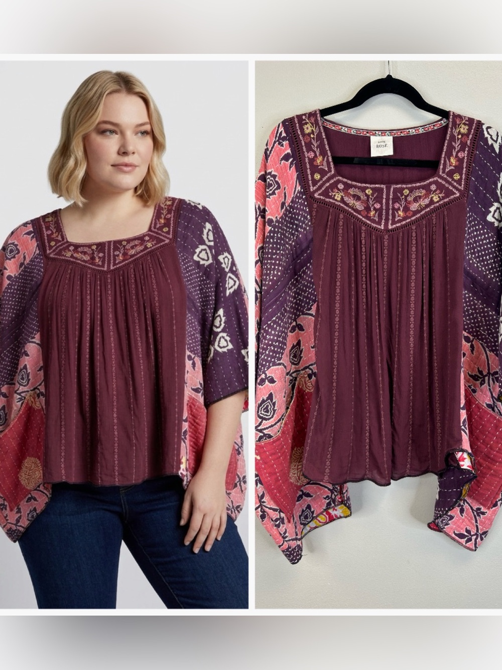 Boho Square Neck Tunic Oversized Top Embroidered Patchwork One Size Festival